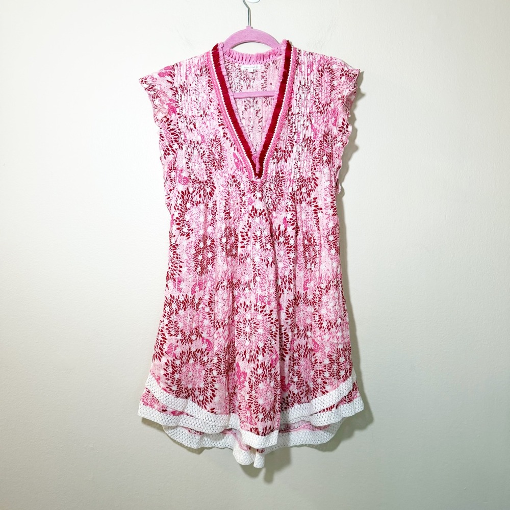 Poupette St. Barth Sasha Dress Pink Red Floral Pintuck Dress Small Boho Resort - Picture 3 of 9